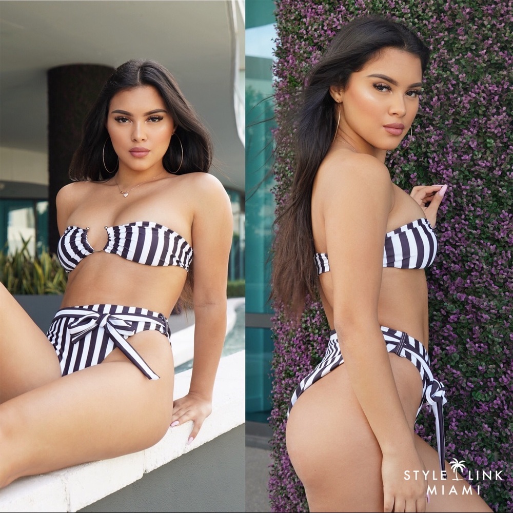 Striped Strapless High Waist Bikini Set
